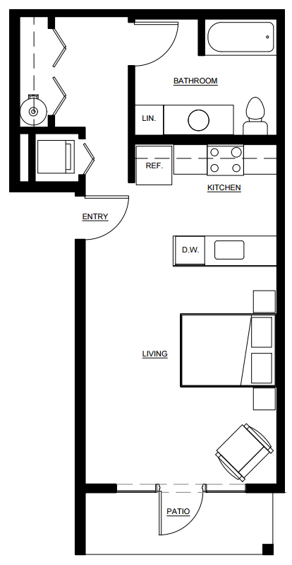 a floor plan of a small house with a bathroom and a kitchen